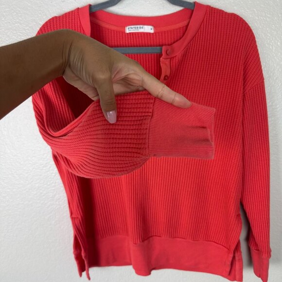 Stateside Red Waffle Knit Ribbed Long Sleeve Top M Henley Soft Stretchy - Picture 5 of 9